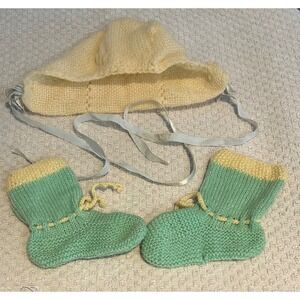 Vintage Handmade Knit Baby Bonnet and Booties Set Cream Mint Green Yellow Retro